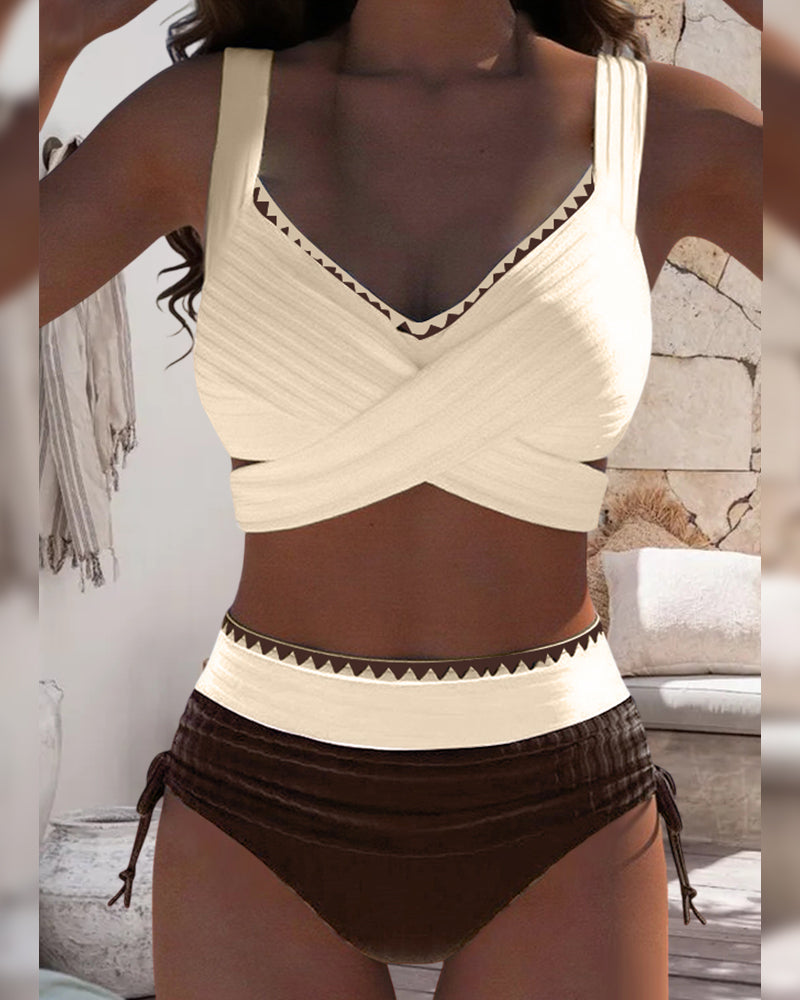 Bikini Casual Contrast Color Two Pieces