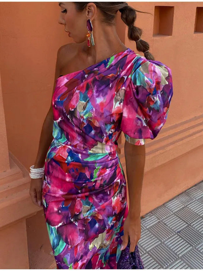 Flaviana™ | One-Shoulder Midi Dress – Colourful, Confident & Elegant