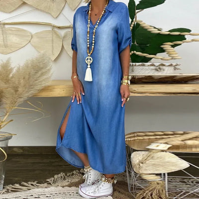 Leviana™ | Long Denim Dress with Side Slits