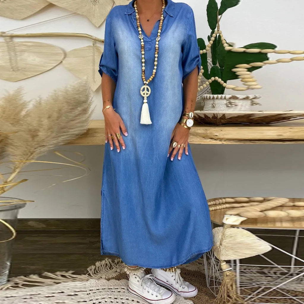 Leviana™ | Long Denim Dress with Side Slits