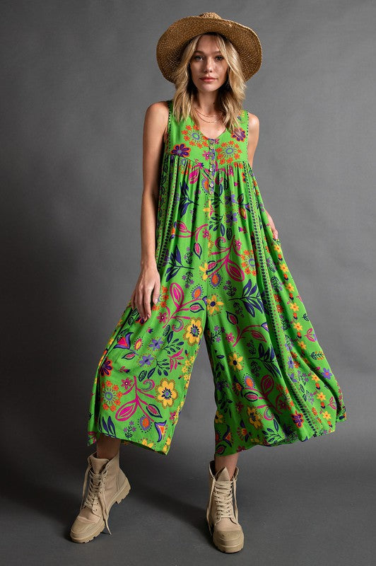 Vintage floral pattern sleeveless jumpsuit
