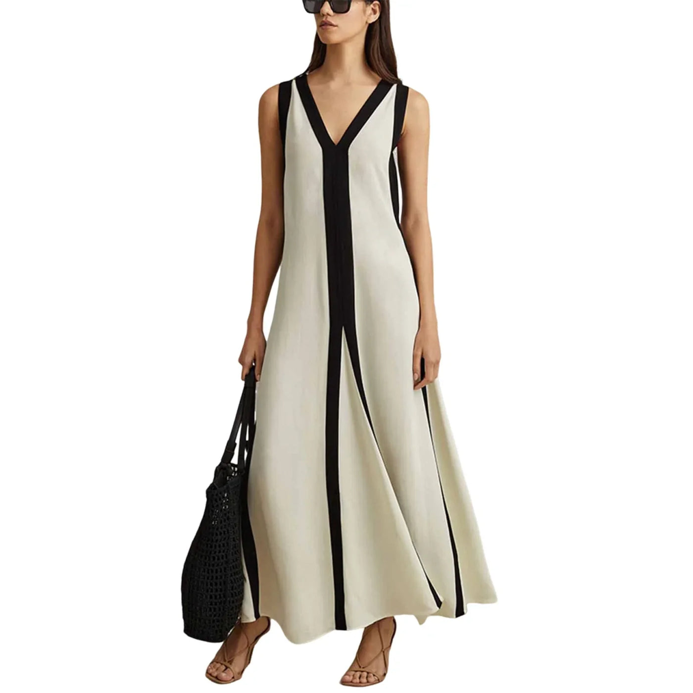 Eveline | Elegant V-Neck Colourblock Maxi Dress