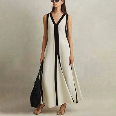 Eveline | Elegant V-Neck Colourblock Maxi Dress
