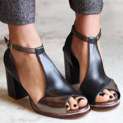 Nadaria | Black Patchwork Peep-Toe Heels
