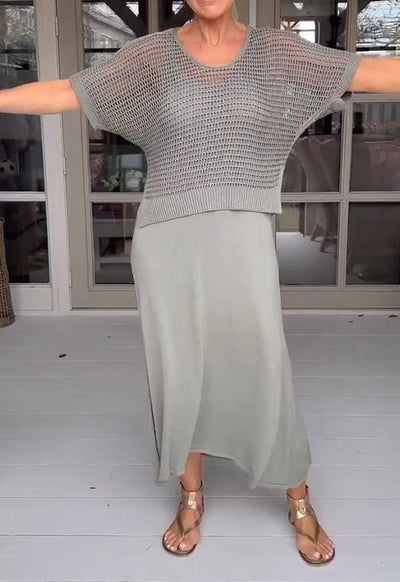 Casual Suspender Dress and Hollow Blouse Two-Piece Suit