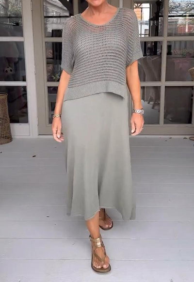 Casual Suspender Dress and Hollow Blouse Two-Piece Suit