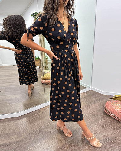 Dress with Deep V-Neck and Polka Dots