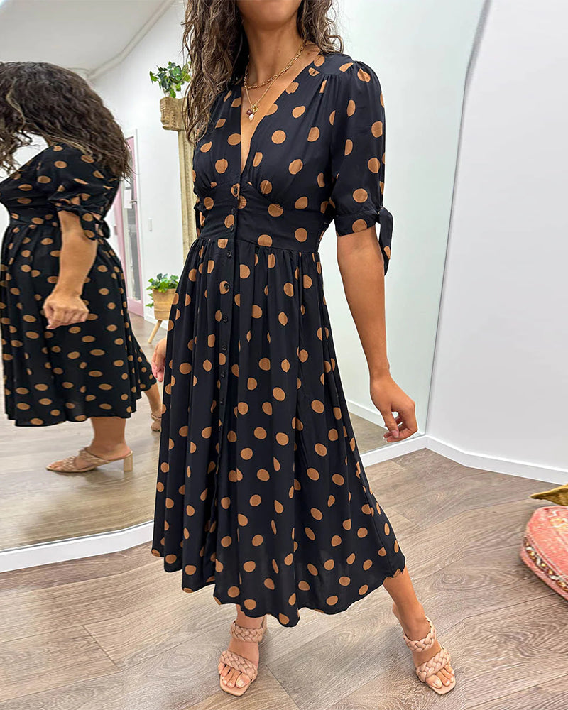 Dress with Deep V-Neck and Polka Dots