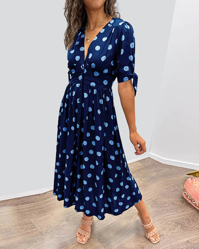 Dress with Deep V-Neck and Polka Dots