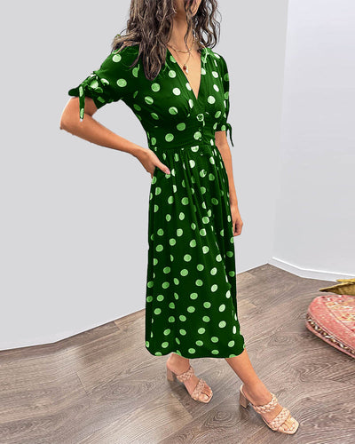 Dress with Deep V-Neck and Polka Dots