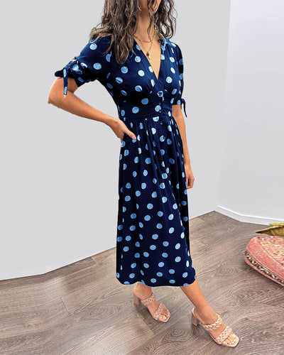 Dress with Deep V-Neck and Polka Dots