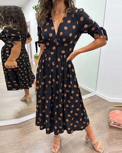 Dress with Deep V-Neck and Polka Dots