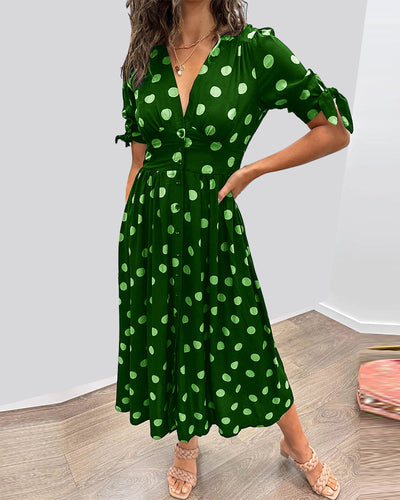 Dress with Deep V-Neck and Polka Dots
